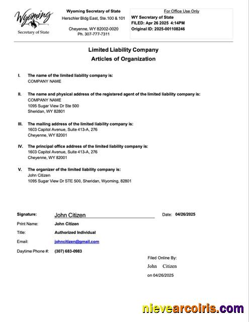 USA Wyoming articles of organization